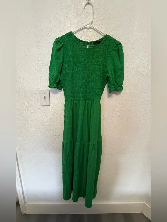 Boho Green Smocked Maxi Dress - Puff Sleeve Tiered Long Dress - Size S - Picture 2 of 15